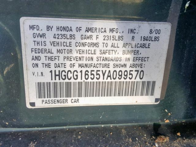 1HGCG1655YA099570 - 2000 HONDA ACCORD EX GREEN photo 10