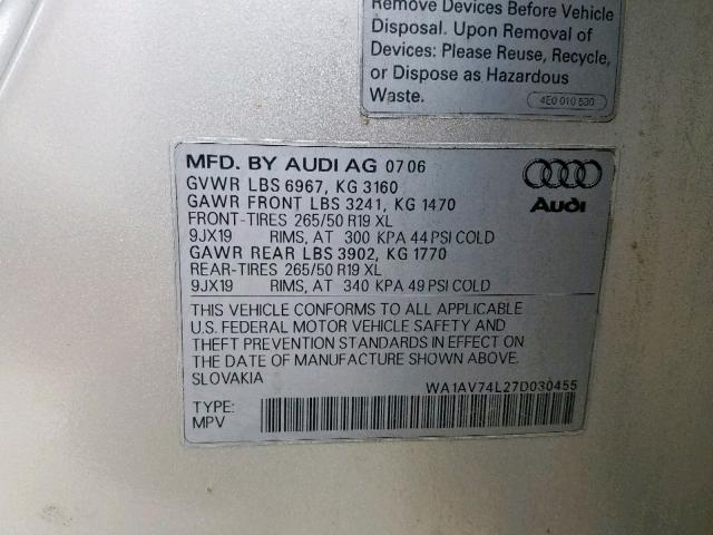 WA1AV74L27D030455 - 2007 AUDI Q7 4.2 QUA SILVER photo 10