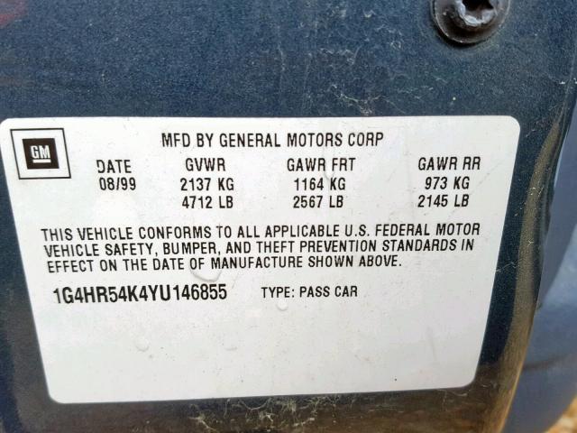 1G4HR54K4YU146855 - 2000 BUICK LESABRE LI BLUE photo 10