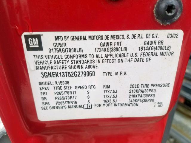 3GNEK13T52G279060 - 2002 CHEVROLET AVALANCHE RED photo 10