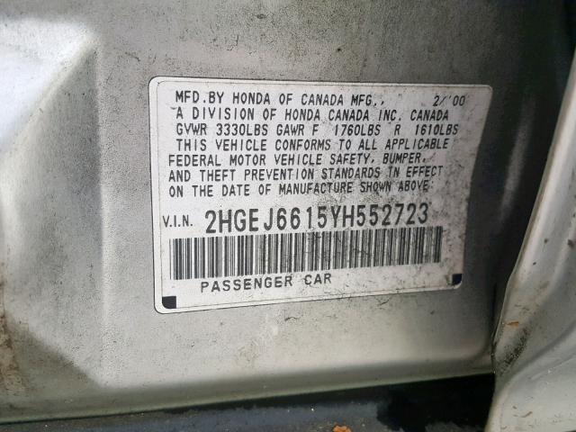 2HGEJ6615YH552723 - 2000 HONDA CIVIC BASE SILVER photo 10
