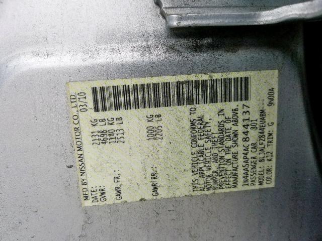 1N4AA5AP4AC844137 - 2010 NISSAN MAXIMA S SILVER photo 10