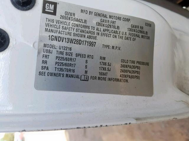 1GNDV13W28D171997 - 2008 CHEVROLET UPLANDER WHITE photo 10