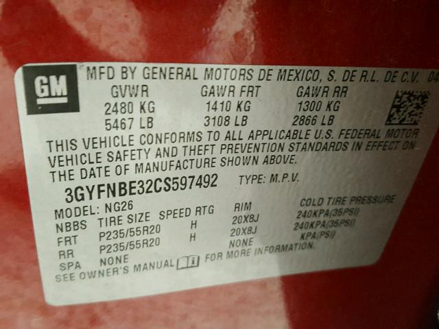 3GYFNBE32CS597492 - 2012 CADILLAC SRX PERFOR RED photo 10