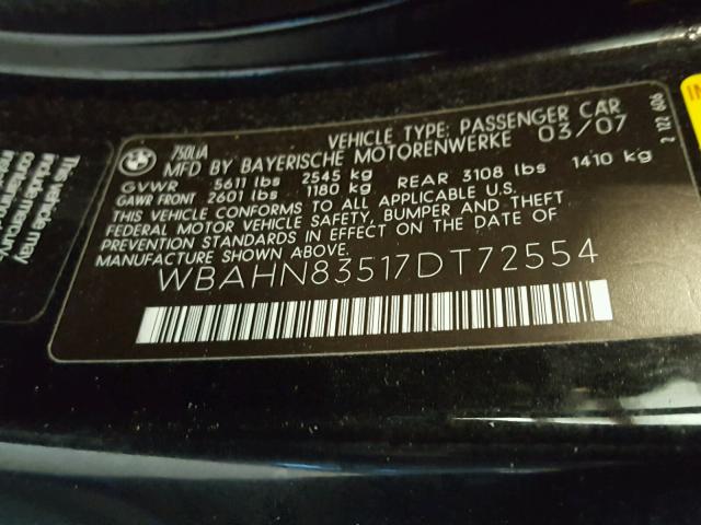 WBAHN83517DT72554 - 2007 BMW 750 BLACK photo 10