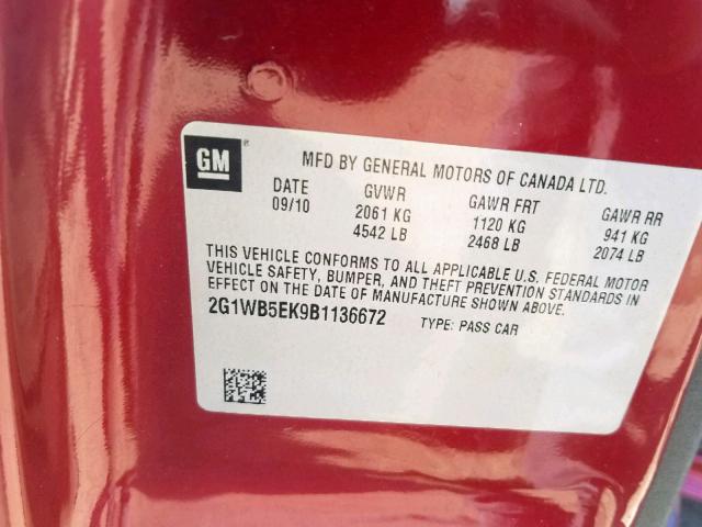 2G1WB5EK9B1136672 - 2011 CHEVROLET IMPALA LT BURGUNDY photo 10