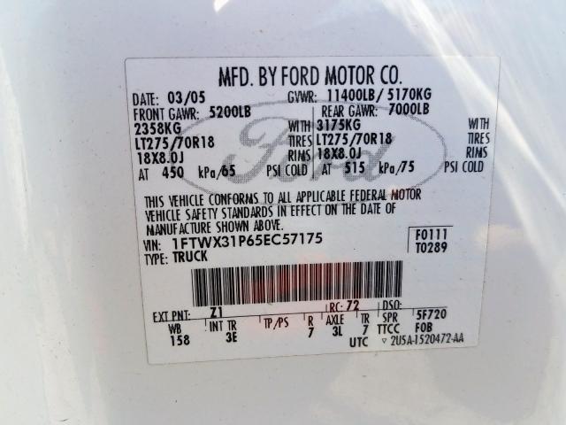 1FTWX31P65EC57175 - 2005 FORD F350 SRW S WHITE photo 10