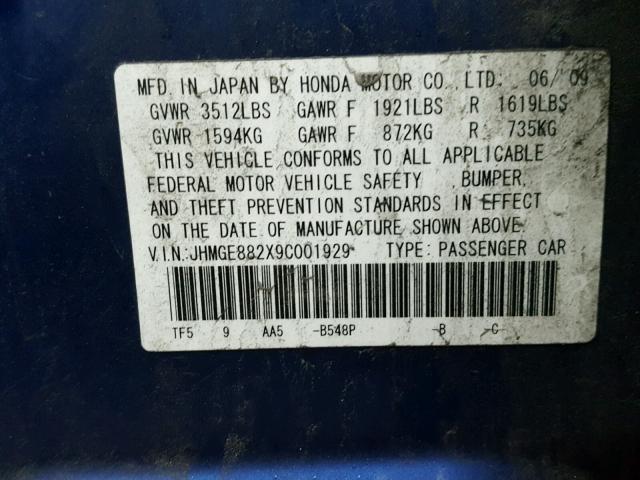 JHMGE882X9C001929 - 2009 HONDA FIT BLUE photo 10