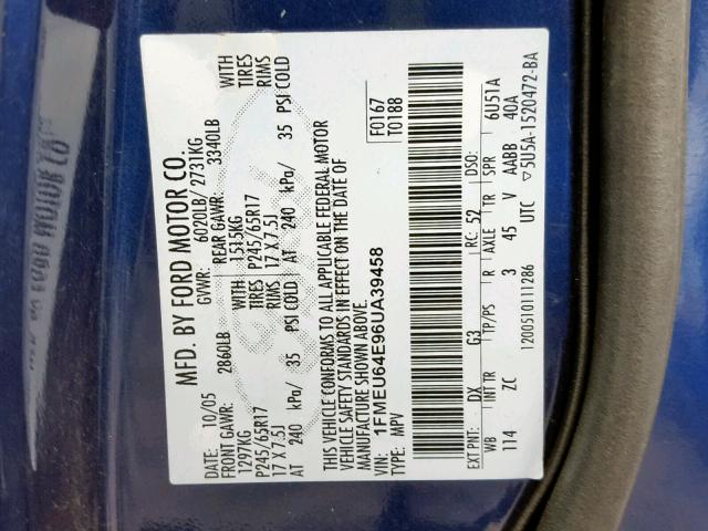 1FMEU64E96UA39458 - 2006 FORD EXPLORER E BLUE photo 10