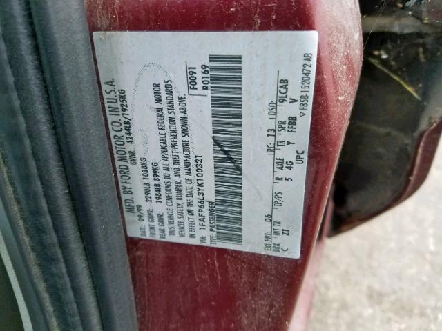 1FAFP66L3YK100321 - 2000 FORD CONTOUR SE MAROON photo 10