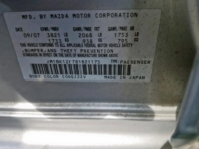 JM1BK12F781821175 - 2008 MAZDA 3 I SILVER photo 10