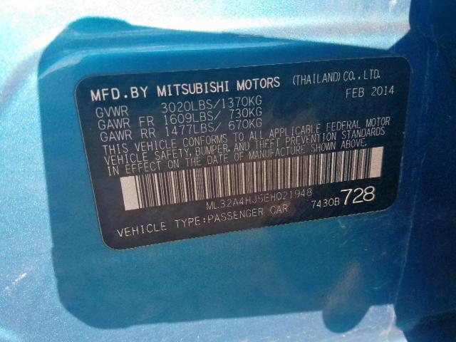 ML32A4HJ5EH021948 - 2014 MITSUBISHI MIRAGE ES BLUE photo 10