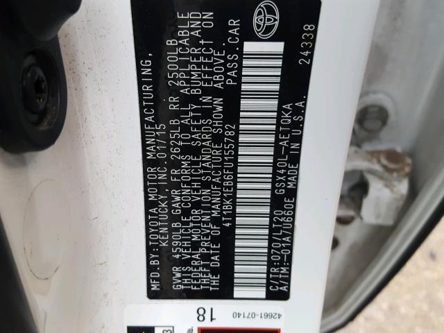 4T1BK1EB6FU155782 - 2015 TOYOTA AVALON XLE WHITE photo 10