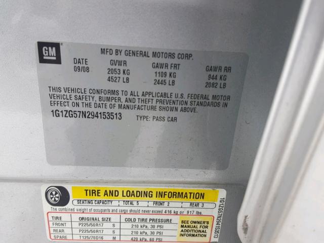 1G1ZG57N294153513 - 2009 CHEVROLET MALIBU LS 银色 照片 10