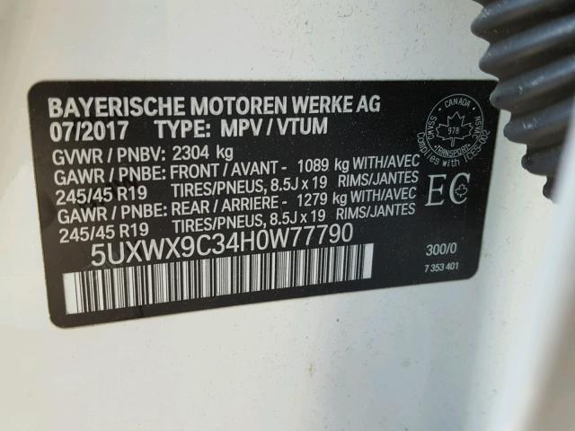 5UXWX9C34H0W77790 - 2017 BMW X3 XDRIVE2 WHITE photo 10