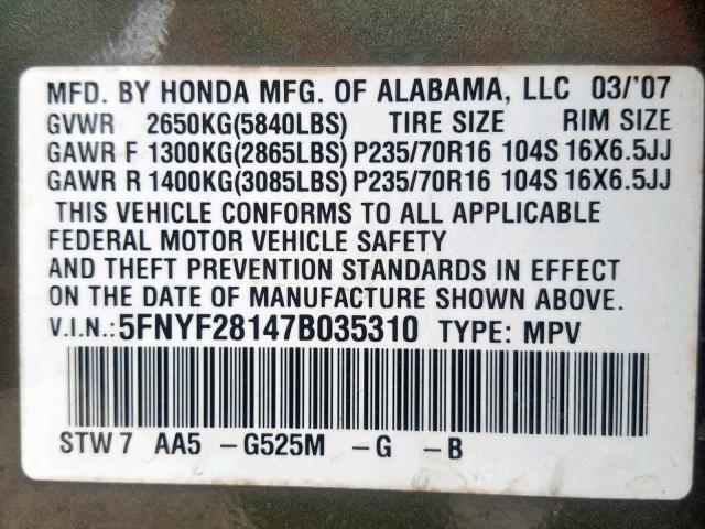 5FNYF28147B035310 - 2007 HONDA PILOT LX GREEN photo 10