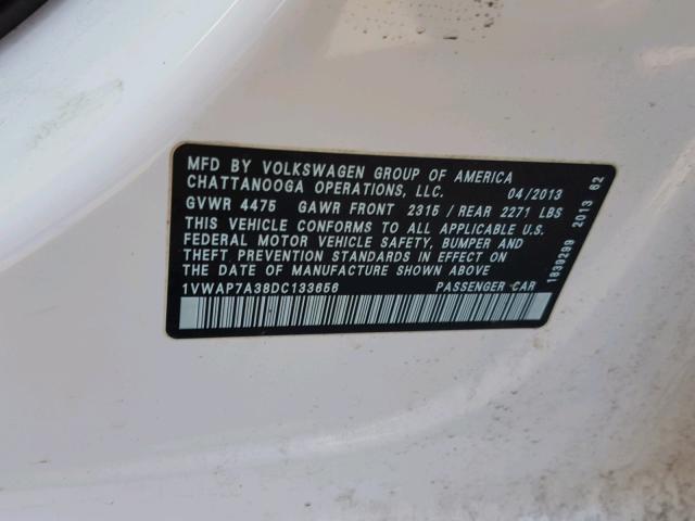 1VWAP7A38DC133656 - 2013 VOLKSWAGEN PASSAT S WHITE photo 10