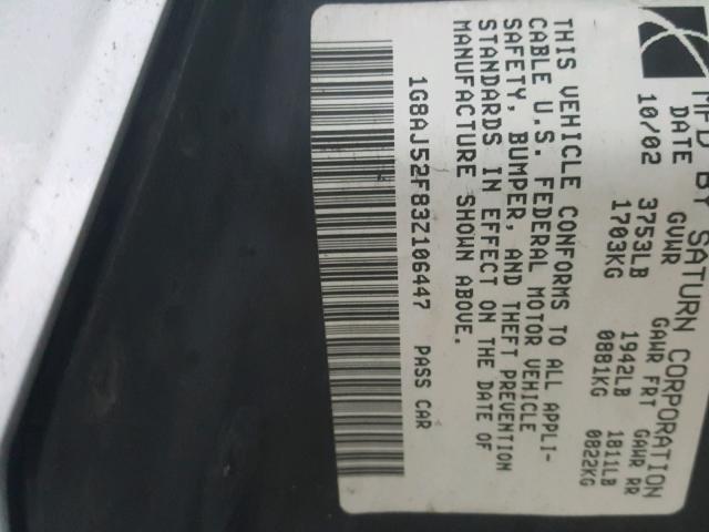 1G8AJ52F83Z106447 - 2003 SATURN ION LEVEL SILVER photo 10