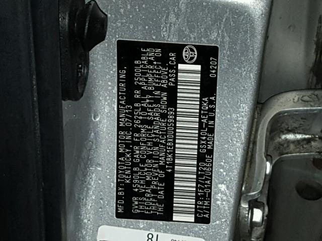 4T1BK1EBXDU059893 - 2013 TOYOTA AVALON BAS SILVER photo 10