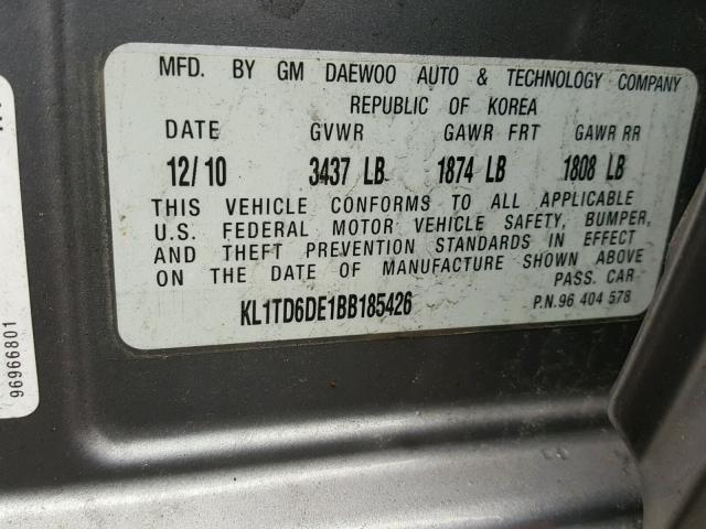 KL1TD6DE1BB185426 - 2011 CHEVROLET AVEO LS GRAY photo 10