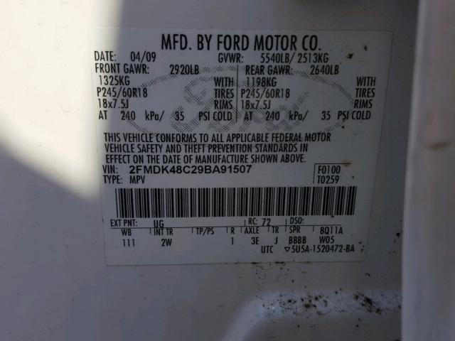 2FMDK48C29BA91507 - 2009 FORD EDGE SEL WHITE photo 10