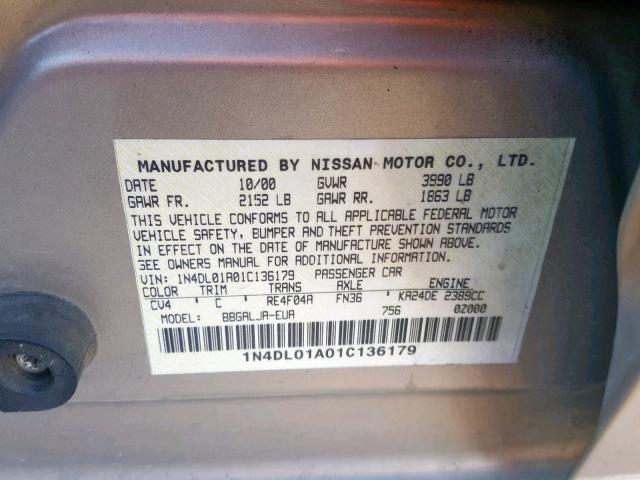 1N4DL01A01C136179 - 2001 NISSAN ALTIMA GXE TAN photo 10