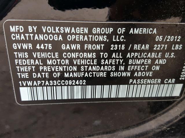 1VWAP7A33CC092402 - 2012 VOLKSWAGEN PASSAT S BLACK photo 10