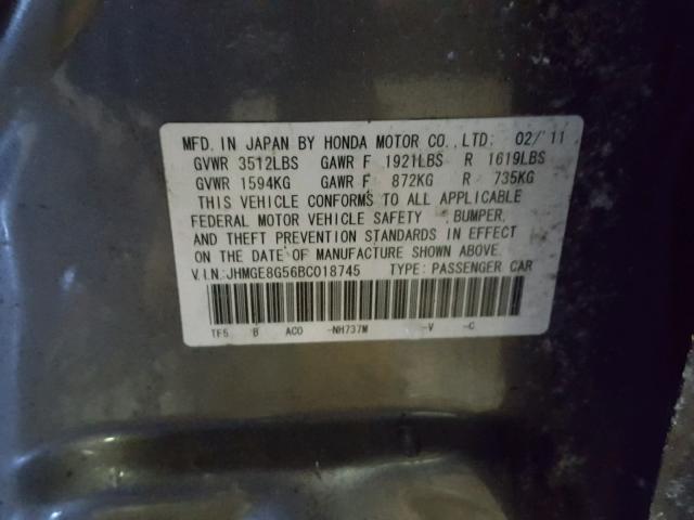 JHMGE8G56BC018745 - 2011 HONDA FIT SPORT GRAY photo 10