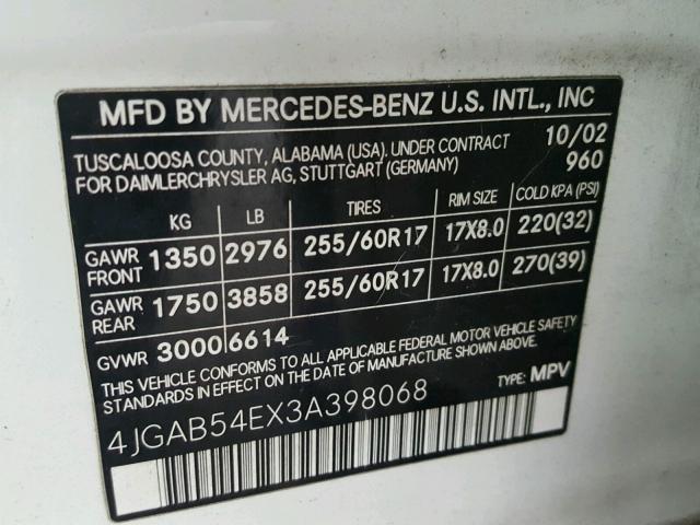 4JGAB54EX3A398068 - 2003 MERCEDES-BENZ ML 320 WHITE photo 10