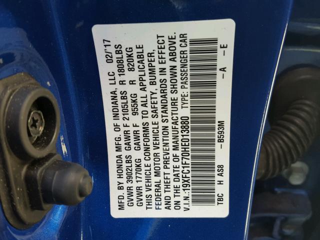 19XFC1F70HE013880 - 2017 HONDA CIVIC EXL BLUE photo 10