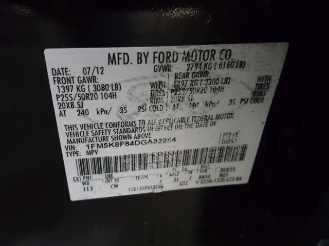 1FM5K8F84DGA82254 - 2013 FORD EXPLORER L BLACK photo 10