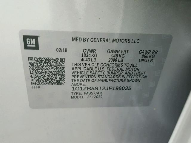 1G1ZB5ST2JF196035 - 2018 CHEVROLET MALIBU LS 银色 照片 10