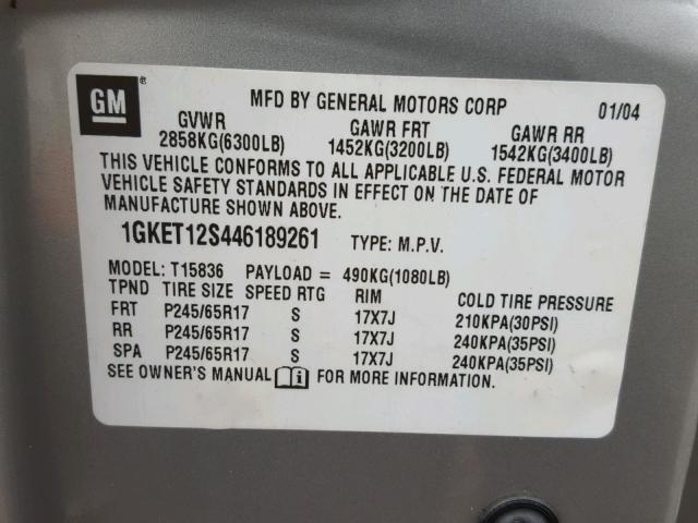 1GKET12S446189261 - 2004 GMC ENVOY XUV SILVER photo 10