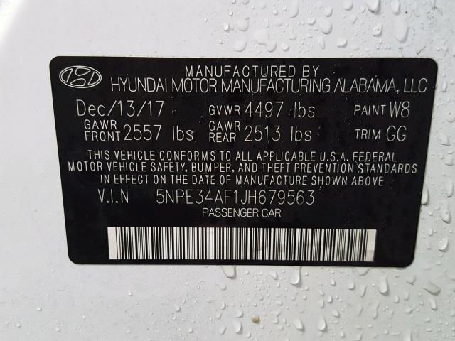 5NPE34AF1JH679563 - 2018 HYUNDAI SONATA SPO WHITE photo 10