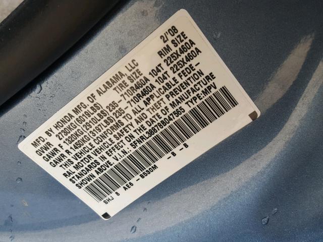 5FNRL38878B047565 - 2008 HONDA ODYSSEY TO BLUE photo 10