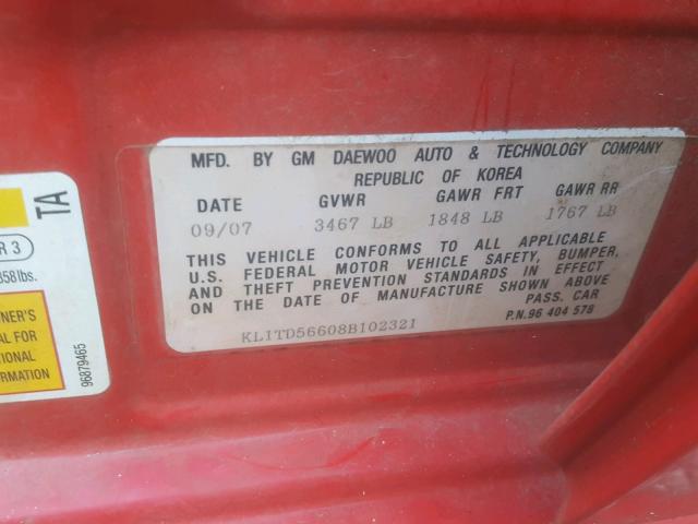 KL1TD56608B102321 - 2008 CHEVROLET AVEO BASE Qırmızı foto 10