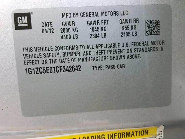 1G1ZC5E07CF342642 - 2012 CHEVROLET MALIBU 1LT ვერცხლისფერი ფოტო 10