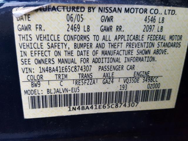 1N4BA41E65C874307 - 2005 NISSAN MAXIMA SE BLUE photo 10