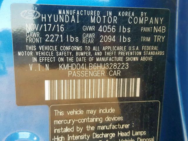 KMHD04LB6HU328223 - 2017 HYUNDAI ELANTRA SP BLUE photo 10