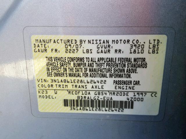 3N1AB61E28L626422 - 2008 NISSAN SENTRA 2.0 SILVER photo 10