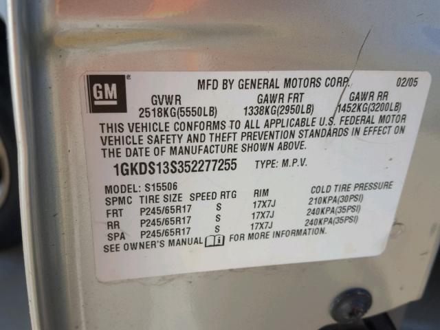 1GKDS13S352277255 - 2005 GMC ENVOY SILVER photo 10