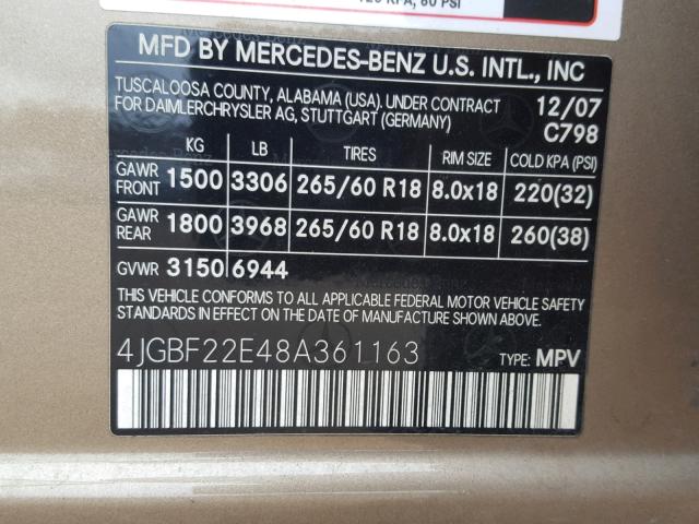 4JGBF22E48A361163 - 2008 MERCEDES-BENZ GL 320 CDI TAN photo 10