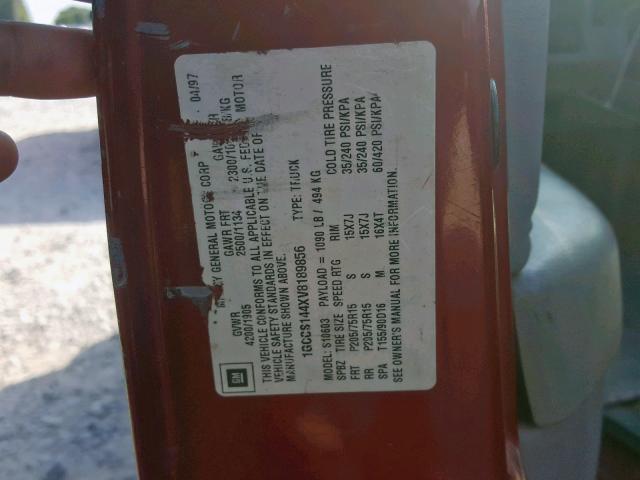 1GCCS144XV8189856 - 1997 CHEVROLET S TRUCK S1 RED photo 10