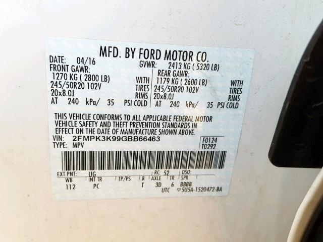 2FMPK3K99GBB66463 - 2016 FORD EDGE TITAN WHITE photo 10