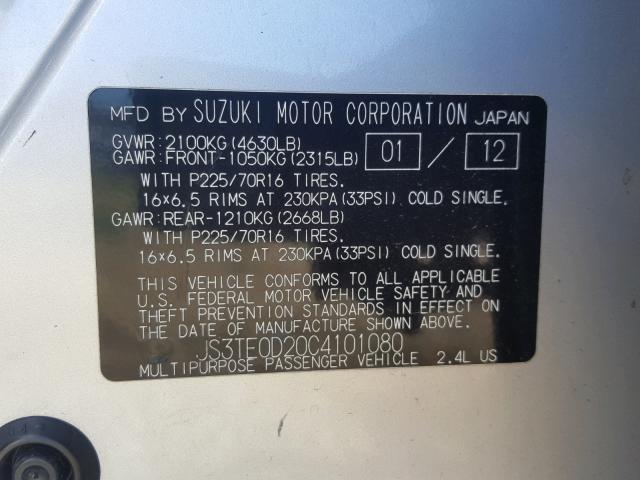 JS3TE0D20C4101080 - 2012 SUZUKI GRAND VITA SILVER photo 10