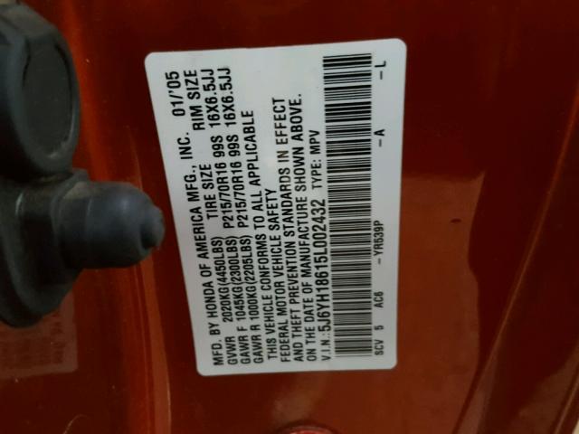 5J6YH18615L002432 - 2005 HONDA ELEMENT EX ORANGE photo 10