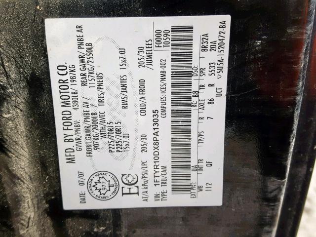 1FTYR10DX8PA13035 - 2008 FORD RANGER BLACK photo 10