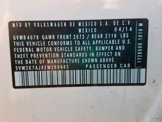 3VW2K7AJXEM289943 - 2014 VOLKSWAGEN JETTA BASE 白色 照片 10