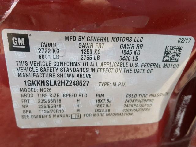 1GKKNSLA2HZ248627 - 2017 GMC ACADIA SLE RED photo 10