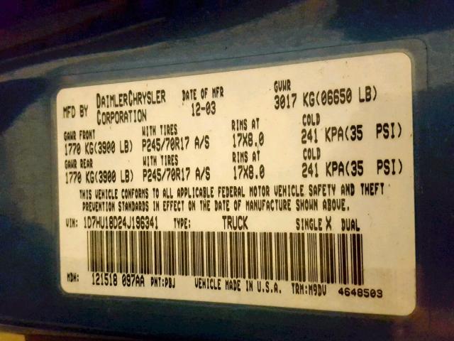 1D7HU18D24J196341 - 2004 DODGE RAM 1500 S BLUE photo 10